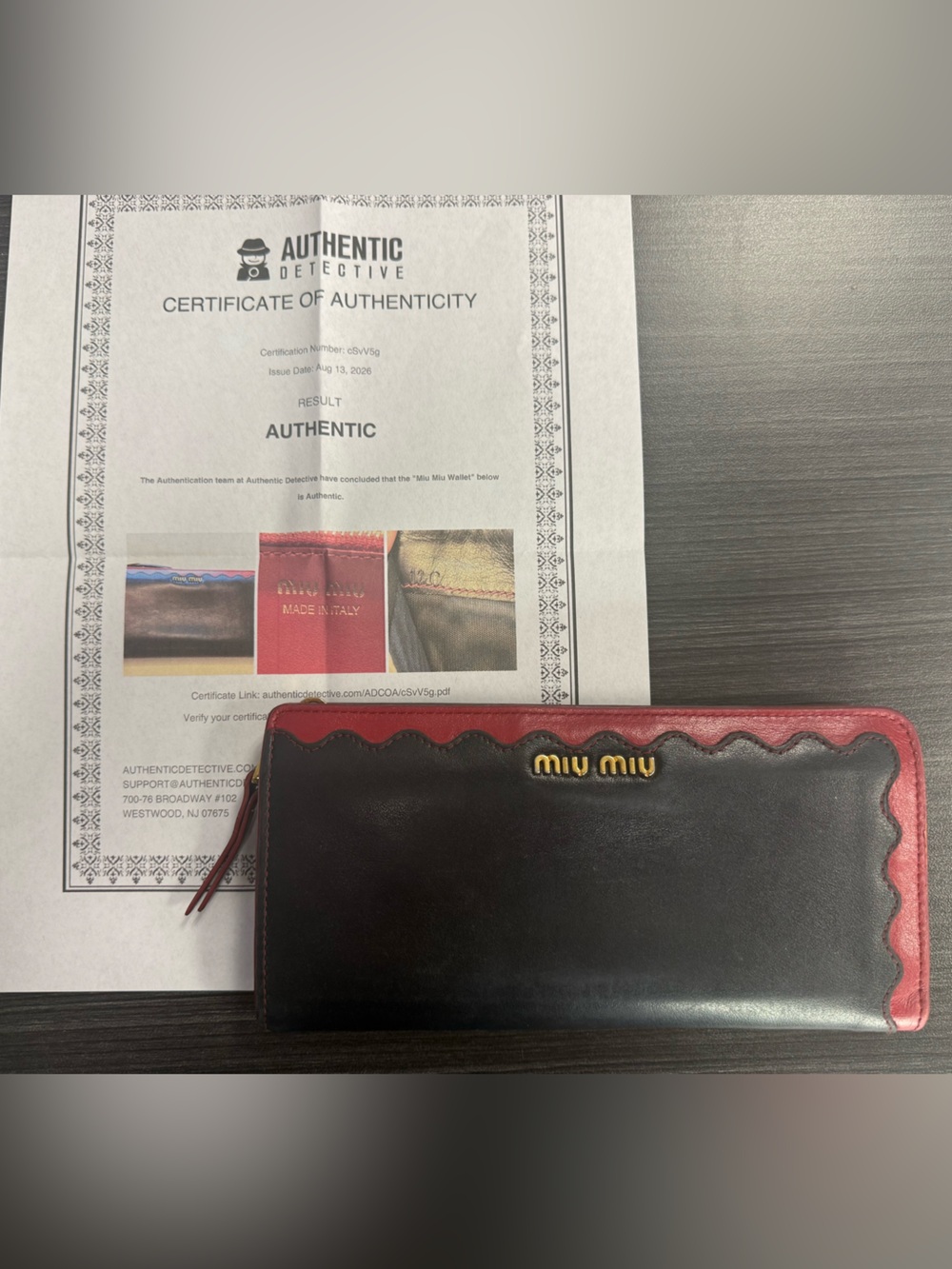Miu Miu Black & Red Scalloped Leather Zip Wallet in great condition with COA